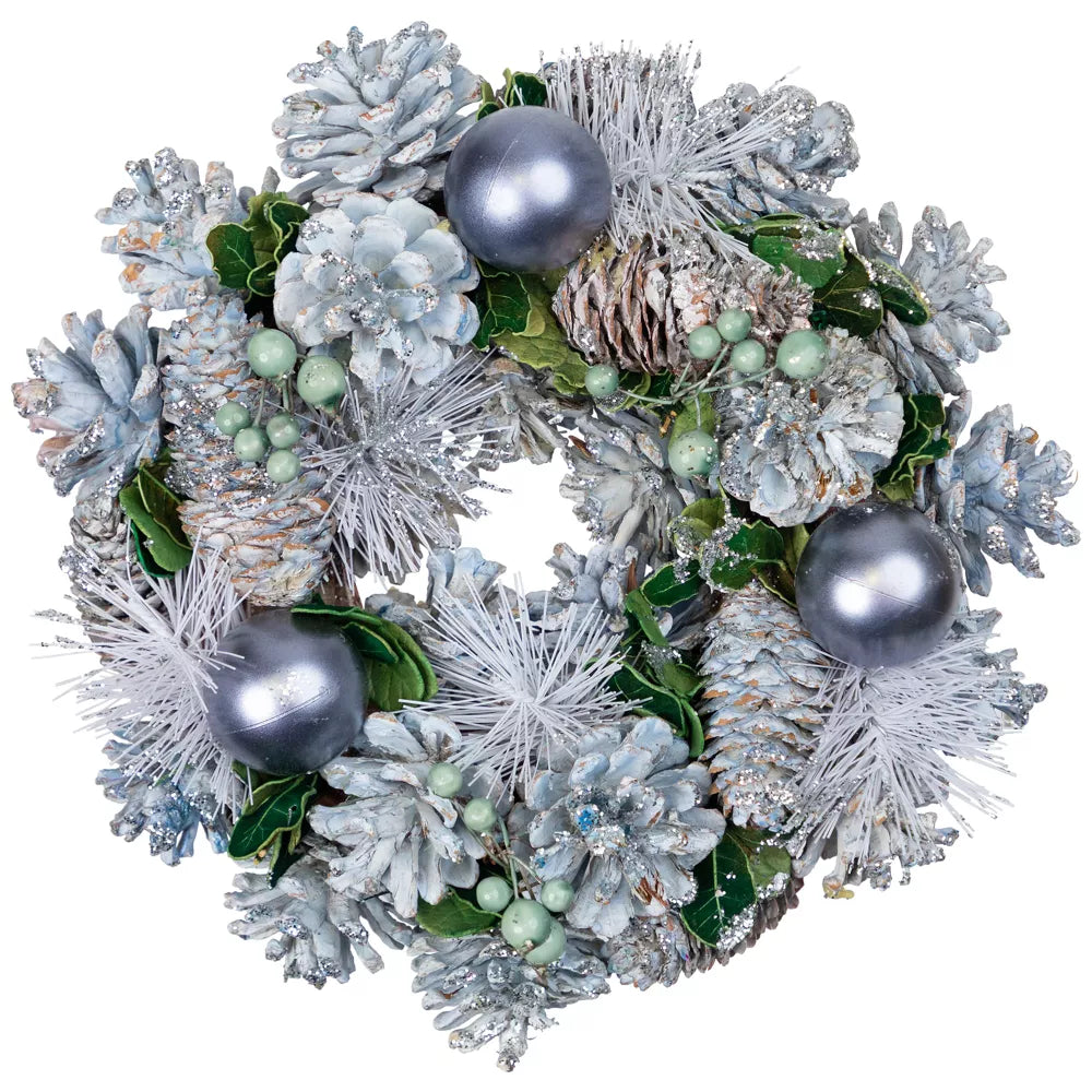 Blue Pinecones Ornaments Pine Needles Artificial Christmas Wreath 10 Inch Unlit