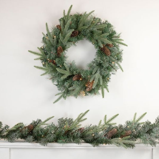 Pre Lit Battery Operated Mixed Pine Pine Cone 24 Inch Holiday Wreath
