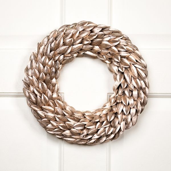 12" Glitter Christmas Wreath with Champagne Gold Budding Leaves Unlit Holiday Decor