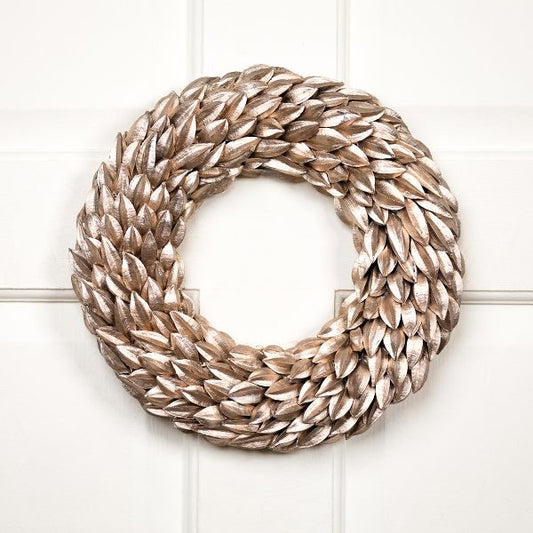 12" Glitter Christmas Wreath with Champagne Gold Budding Leaves Unlit Holiday Decor