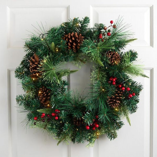 Pre Lit Mixed Pine Berry 24 Inch Battery Operated Christmas Wreath