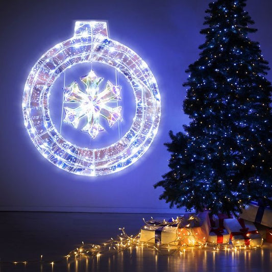 Tangkula 33" Lighted Snowflake Wreath Christmas Wreath w/Hanging Ring & Support Bracket 128 Cold White LED Bulbs Festive Decoration