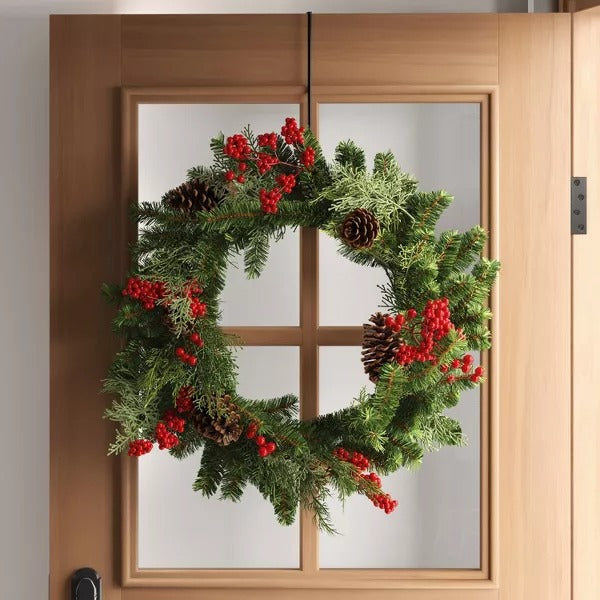 28" Mixed Greenery and Cedar with Pinecones and Red Berries Artificial Christmas Wreath Green