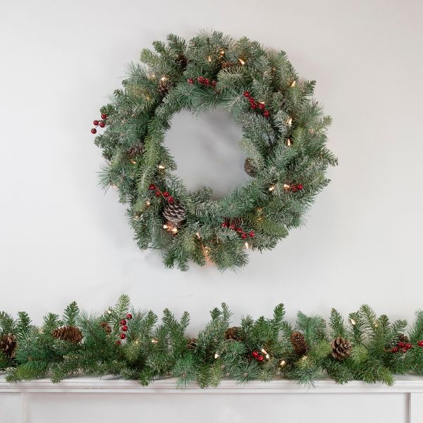 Prelit Snowy Waterloo Pine Artificial Christmas Wreath with Clear Lights 24 Inch