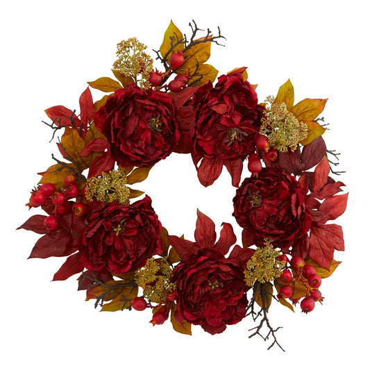24" Pink Christmas Wreath – Unlit Frosted Pine with Ornaments & Floral Accents for Elegant Holiday Décor