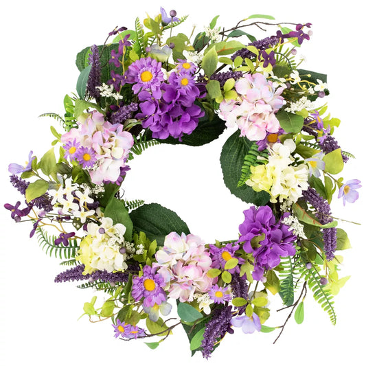 24-Inch Hydrangea and Foliage Spring Floral Twig Wreath – Purple
