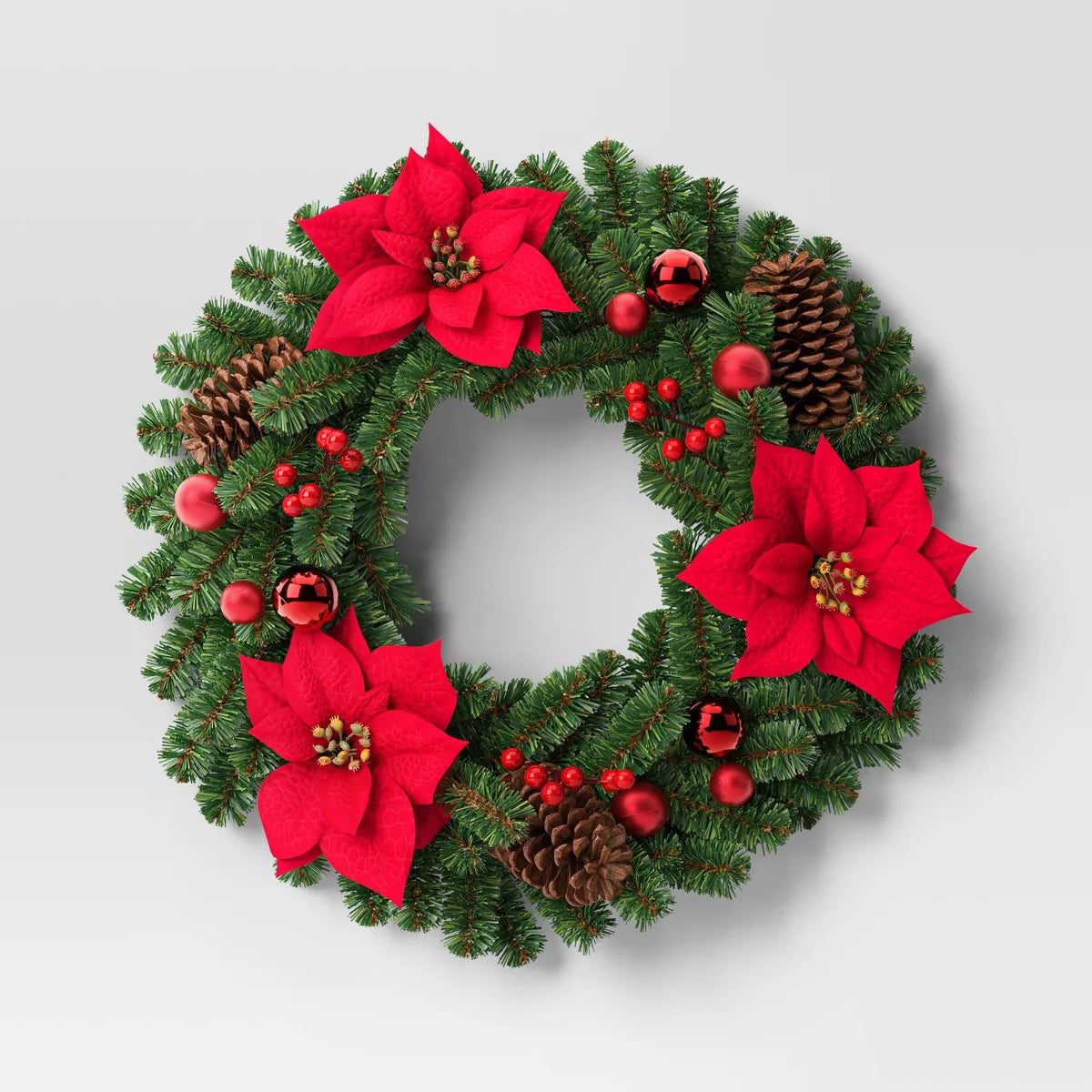 24" Decorated Pine and Poinsettia Flower Artificial Christmas Wreath