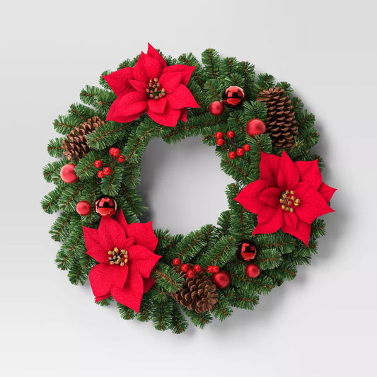 24" Decorated Pine and Poinsettia Flower Artificial Christmas Wreath