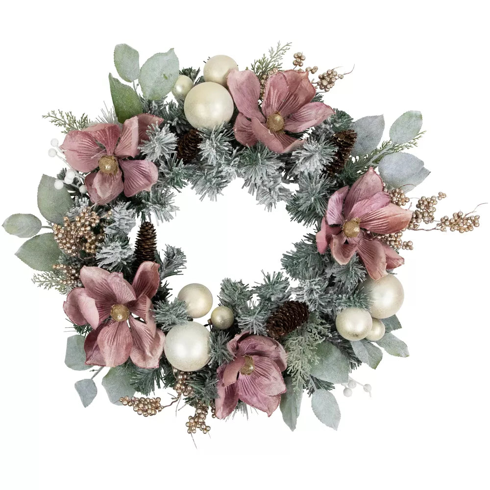 24" Pink Frosted Pine Artificial Christmas Wreath with Floral and Ball Ornaments – Unlit Holiday Decoration