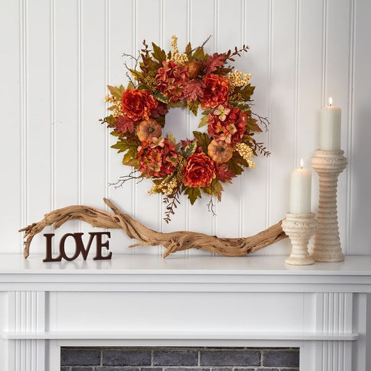 24" Peony Hydrangea Pumpkin Fall Artificial Wreath