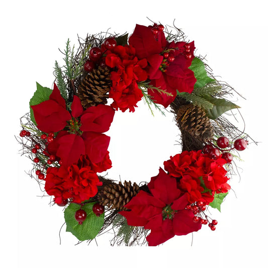Poinsettia Hydrangea Christmas Wreath 24 Inch Unlit Artificial Holiday Decoration