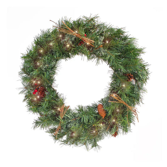 24 Inch Pre-Lit Glistening Pine LED White Lights Christmas Wreath