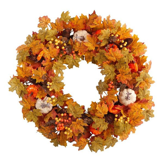 30" Autumn Pumpkin & Maple Leaf Fall Wreath – Artificial