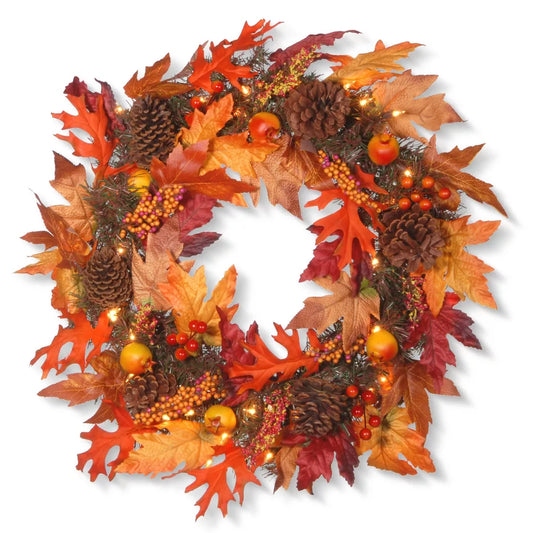 24" Pre-Lit Autumn Wreath with Gourds, Pinecones, and Berries