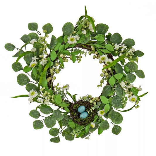 20 Inch Artificial Floral Spring Wreath with Birds Nest