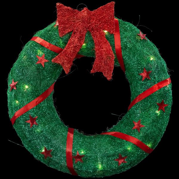 18" Prelit Outdoor Christmas Wreath with Sisal Stars and Red Bow