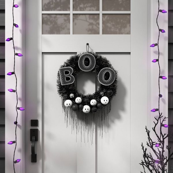 26" Black Boo Artificial Halloween Wreath Spooky Door Decoration