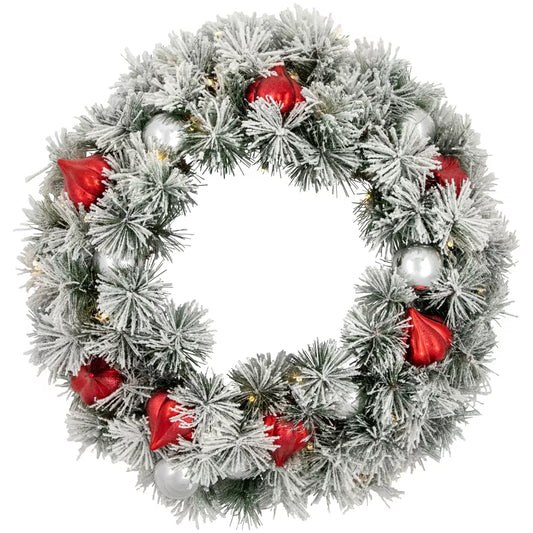 24" Pre Lit Battery Operated Snowy Bristle Pine Christmas Wreath with Warm White LED Lights
