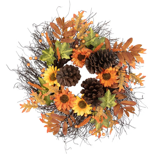 24 Inch Sunflowers and Pine Cones Fall Artificial Thanksgiving Wreath Unlit