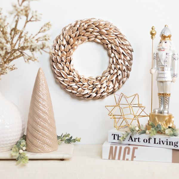 12-Inch Champagne Gold Budding Leaves Glitter Christmas Wreath – Unlit Holiday Décor