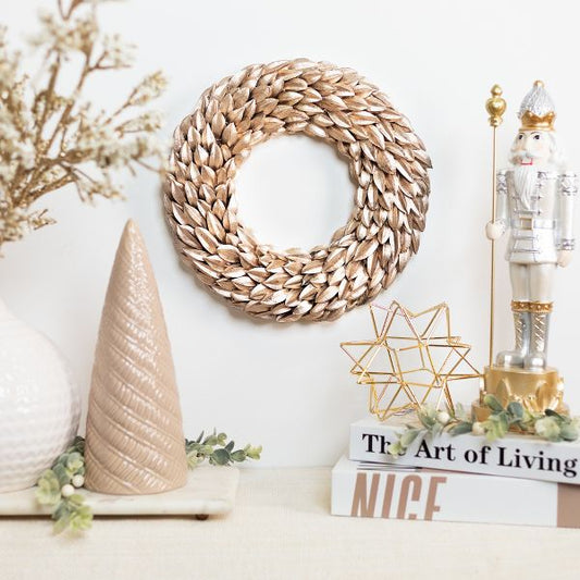 12-Inch Champagne Gold Budding Leaves Glitter Christmas Wreath – Unlit Holiday Décor