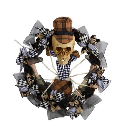 24" Halloween Skull Wreath – Plaid Mesh Spooky Decor