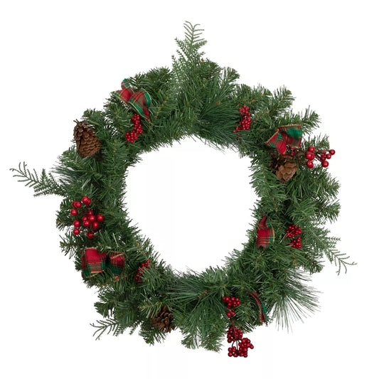 24 Inch Green Foliage Pinecone and Berry Christmas Wreath with Tartan Ribbon Unlit