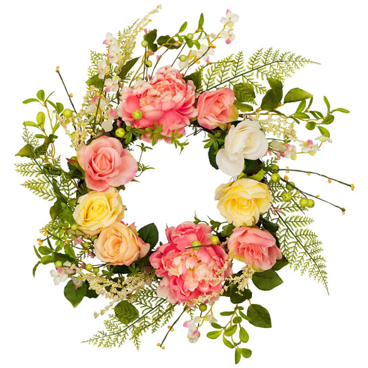 24-Inch Pre-Lit Christmas Wreath for Front Door with Faux Flowers – Indoor & Outdoor Xmas Decor