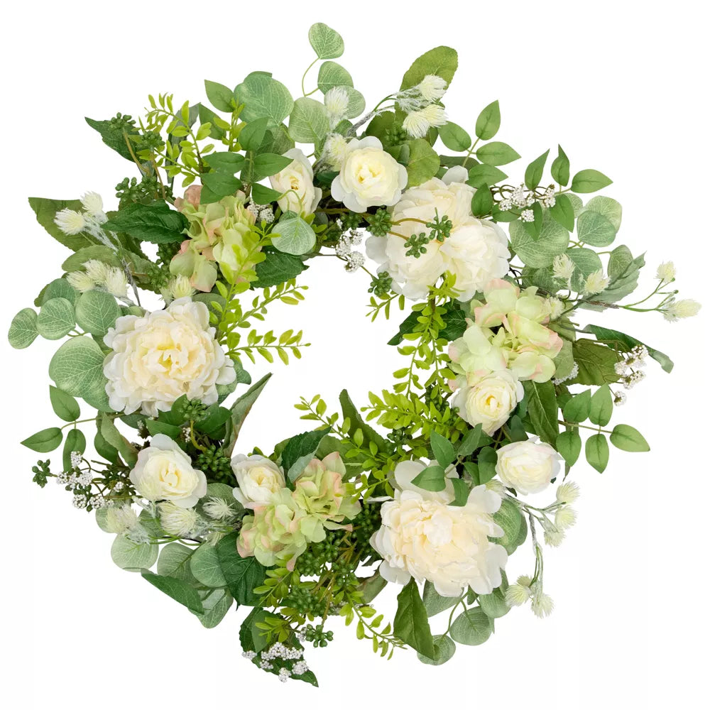 23-Inch Hydrangea and Ranunculus Artificial Floral Eucalyptus Wreath - Cream and Green