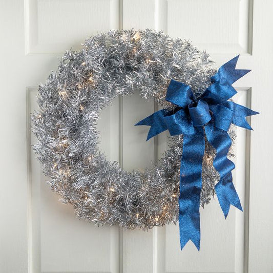 Northlight Pre-Lit Artificial Tinsel Christmas Wreath 24" Silver Clear Lights