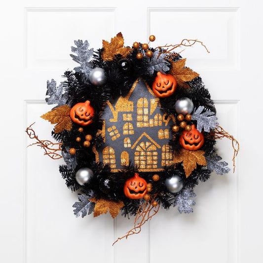 Glittered Haunted House 24 Inch Artificial Halloween Wreath Jack O Lantern