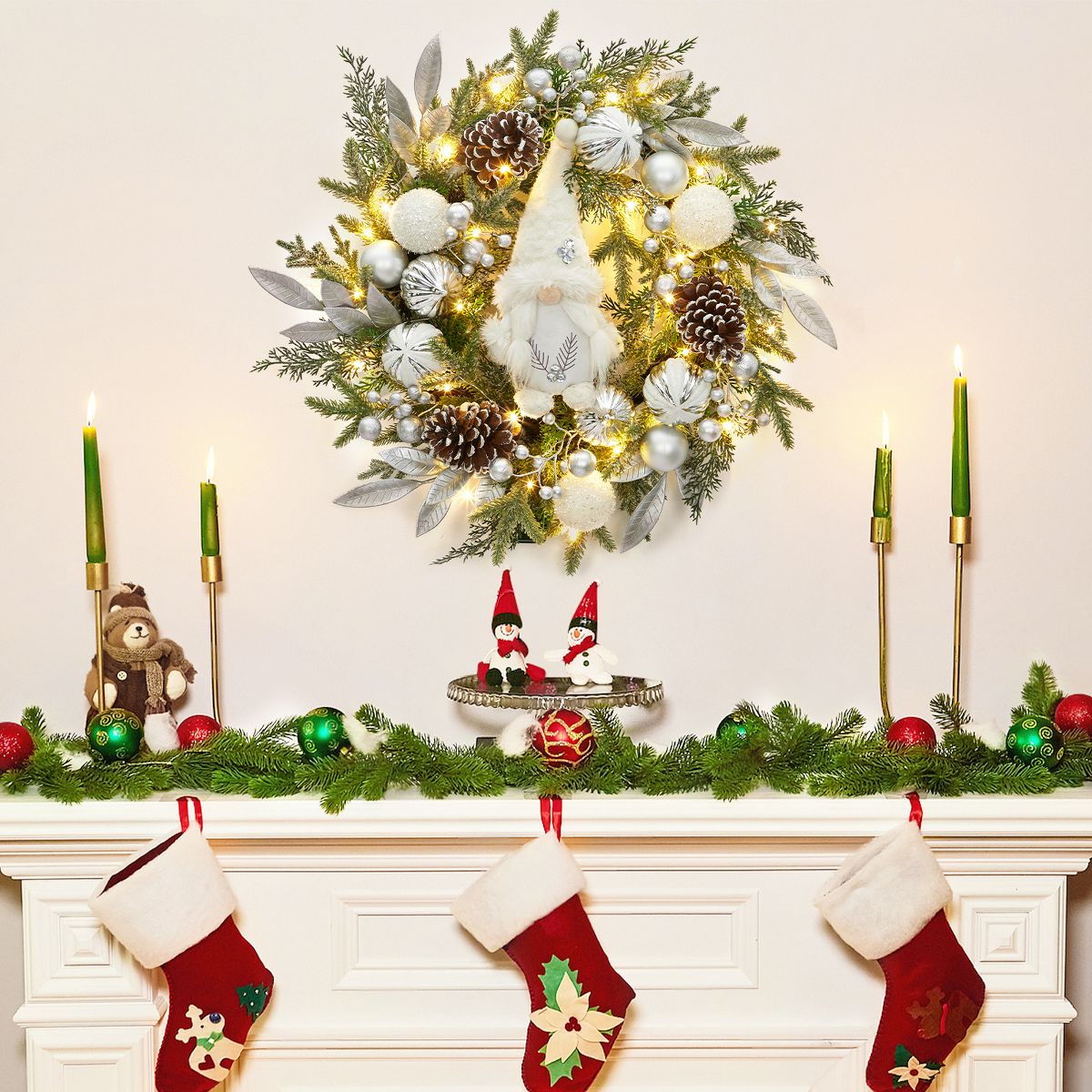 22 Inch Pre-Lit Christmas Wreath with 30 Battery-Powered LEDs – Silver Ornaments, Pinecones & Berries
