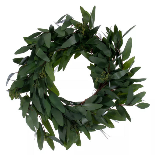 20-Inch Artificial Green Seeded Willow Eucalyptus Wreath – Indoor/Outdoor
