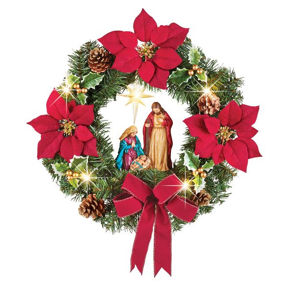 Poinsettia Nativity Lighted Wreath – Red Holiday Christmas Decor