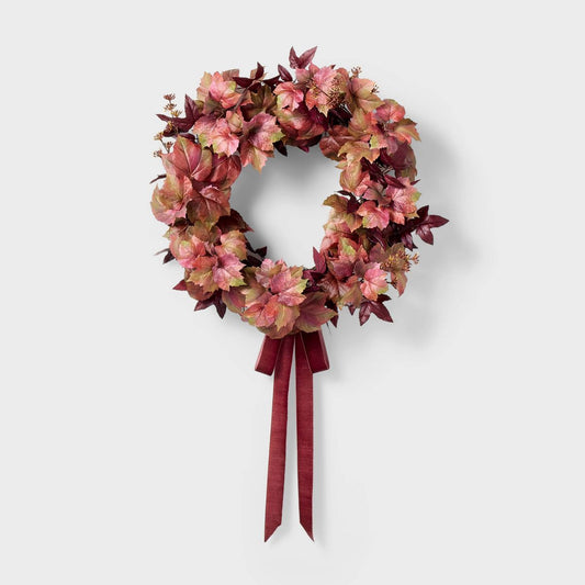 24-Inch Mixed Leaf Artificial Fall Wreath – Red Autumn Décor