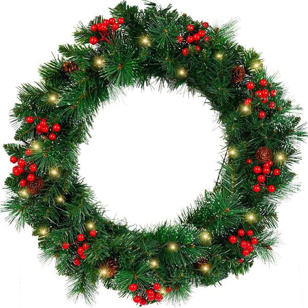 Swtroom 24In Prelit Christmas Wreath 50 LED Lights Indoor Outdoor Decor