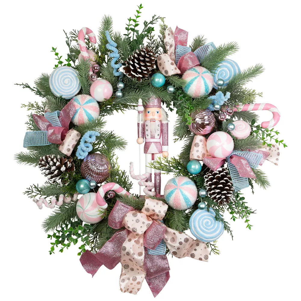 Pastel Nutcracker Ornaments Pine Christmas Wreath 24 Inch Unlit Artificial Holiday Decoration