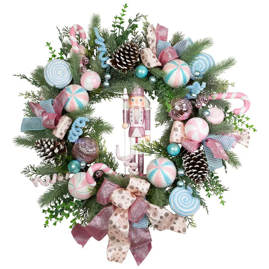 Pastel Nutcracker Ornaments Pine Christmas Wreath 24 Inch Unlit Artificial Holiday Decoration