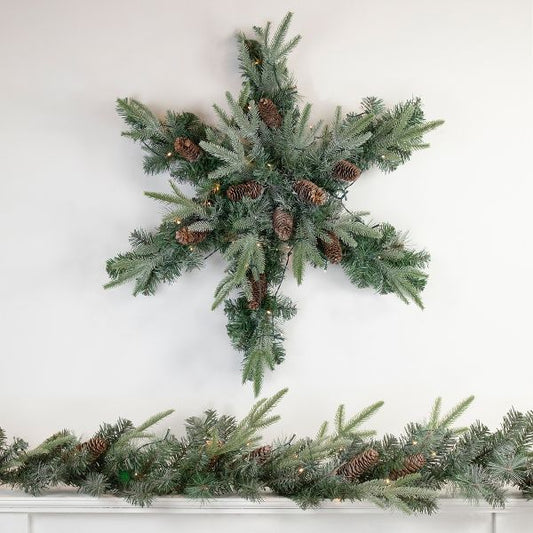 Northlight Pre-Lit Battery Operated Mixed Pine Christmas Snowflake Wreath - 32" - Warm White LED Lights