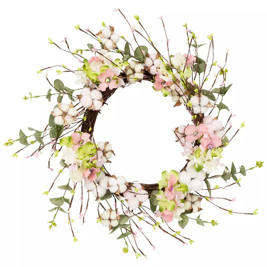 18 Inch Pink and Green Hydrangea with Cotton Artificial Floral Wreath