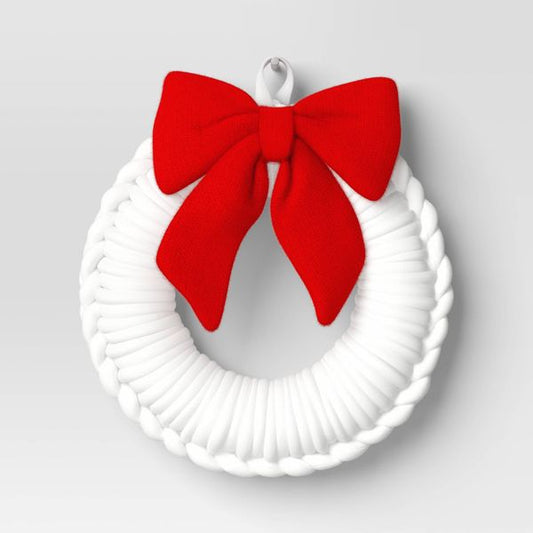 24" White Yarn Christmas Wreath with Red Bow Holiday Wall or Door Decoration
