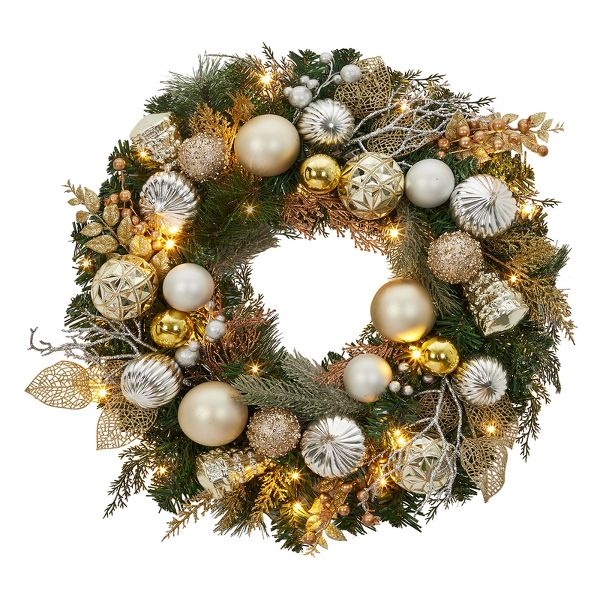 24" Pre-Lit Christmas Wreath with Balls – Indoor/Outdoor