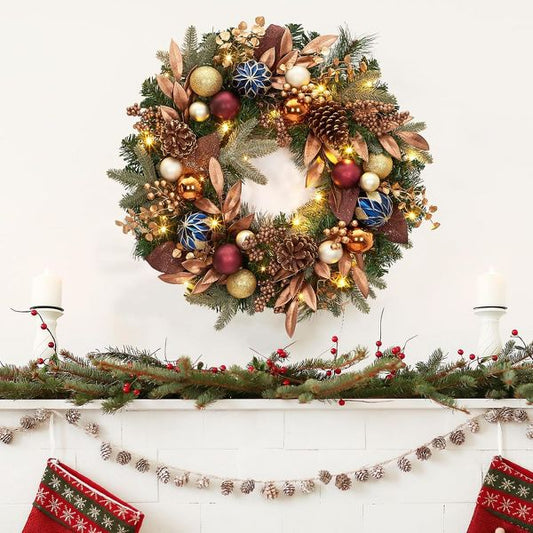 24" Pre Lit Christmas Wreath with Pine Cones, Berries & Gold Ornaments