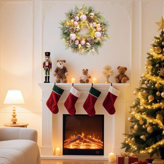 22" Pre-Lit Pink Christmas Wreath with 30 LED Lights Ball Ornaments