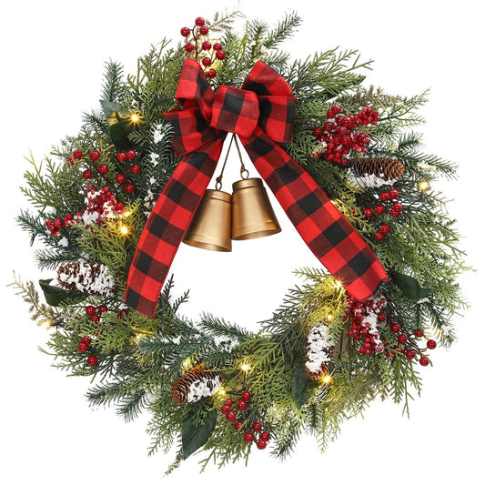 24-Inch Pre-Lit Christmas Wreath with Bow, Bell, Berries, and Pine Cones – Holiday Front Door Décor