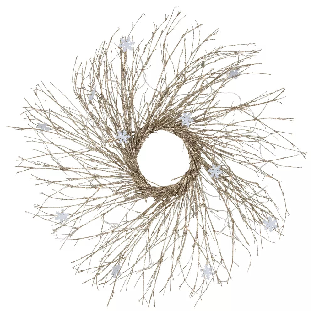 28 Inch Pre-Lit Glittered Twig and Snowflake Christmas Wreath Warm White LED