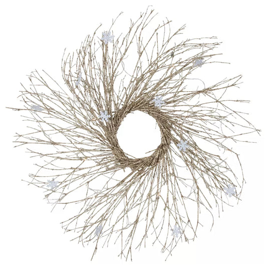 28 Inch Pre-Lit Glittered Twig and Snowflake Christmas Wreath Warm White LED