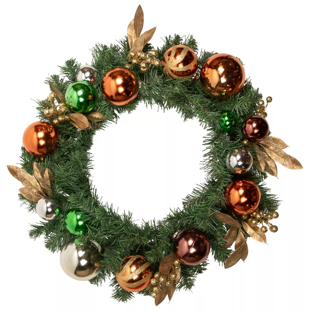 24 Inch Green Foliage and Copper Ornaments Artificial Christmas Wreath Unlit