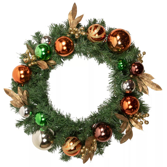 24 Inch Green Foliage and Copper Ornaments Artificial Christmas Wreath Unlit