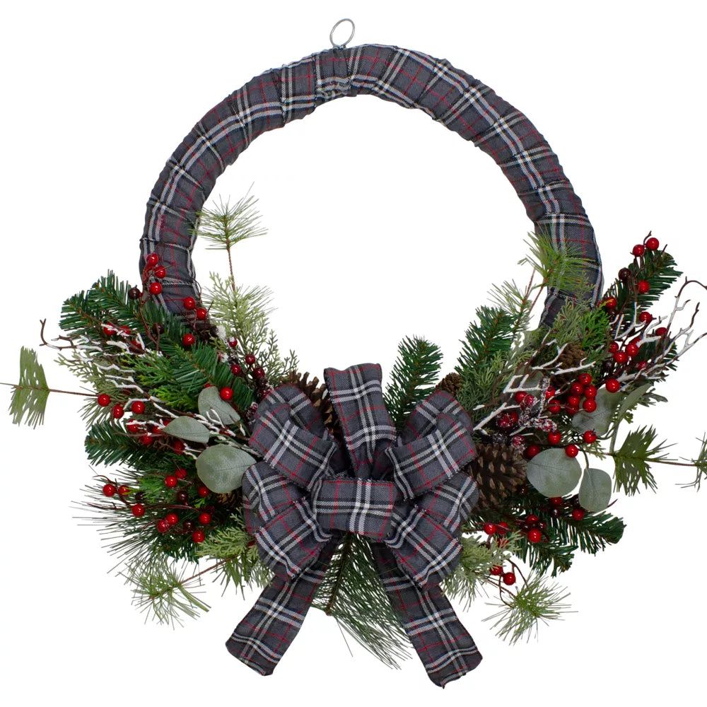 24 Inch Mixed Foliage and Berries Artificial Christmas Plaid Half Wreath Unlit
